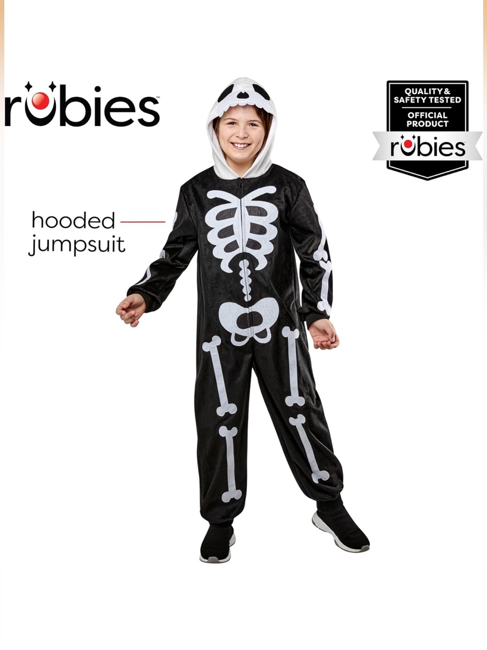 Rubie's Black Skeleton hooded Jumpsuit Costume with White Bone Print Lg|XL - Picture 5 of 6